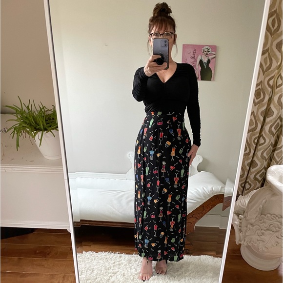 F L MALIK VINTAGE MAXI SKIRT BLACK BACK SLIT ZIPPER FASHION THEME BLUE GREEN - Picture 12 of 12